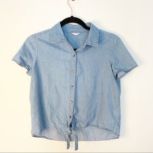 EUC Aeropostale Tie Hem Button Down Blue Chambray Top Size S